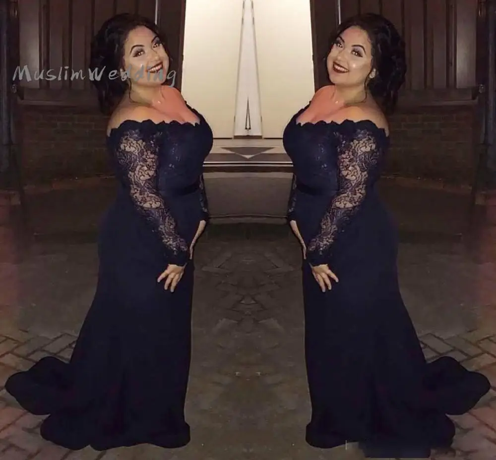 Amazing Plus Size Navy Blue Mother Of The Bride Dresses For Wedding Lace Long Sleeve Off The Shoulder Prom Evening Customized