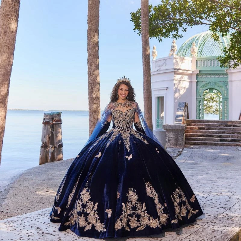 Nieuwe Marineblauwe Quinceanera Jurken Baljurken Appliques Fluwelen Verjaardagsfeest Avondjurk Vestidos De 15 Quinceañera