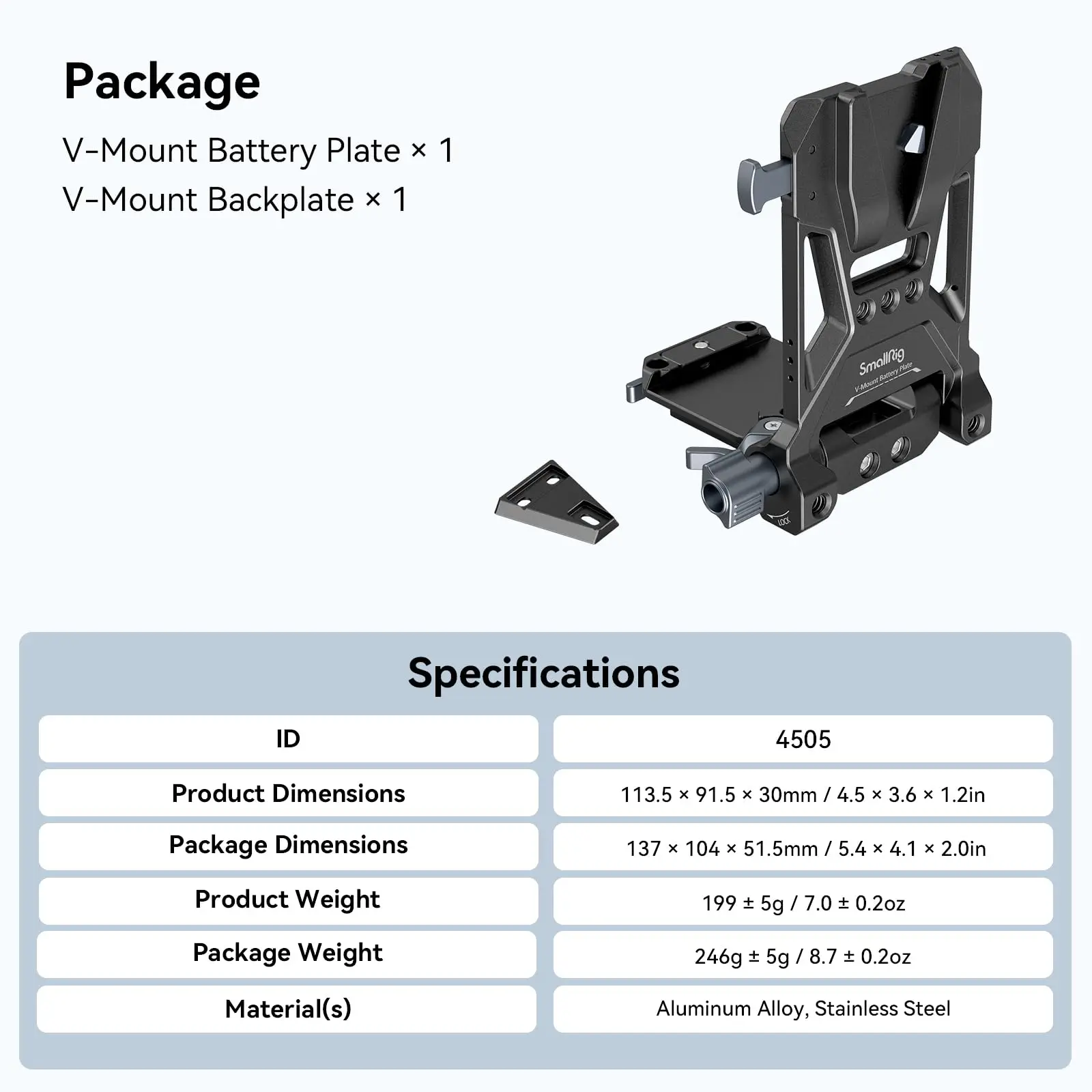 SmallRig V-Mount batterijplaat, V Lock batterijmontageplaat met 1/4"-20 en 3/8"-16 schroefdraadgaten voor DSLR-camera, statief 4505 - afbeelding 1