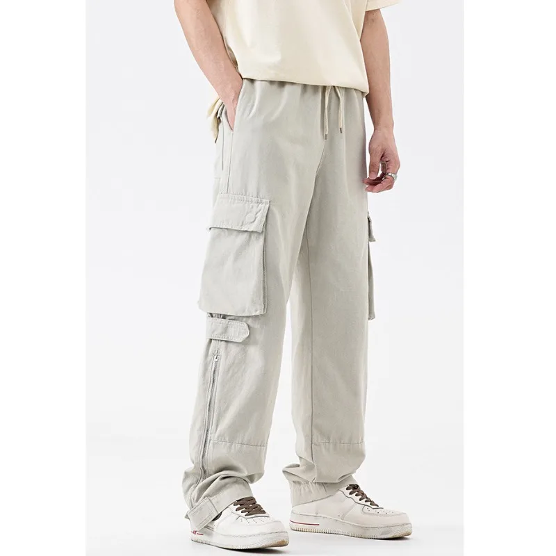 

Vibe High Street Straight Workwear Pants Men's Trendy American Hip-hop Pants Cuffs Zippered Split Cargo Trousers Side Pockets