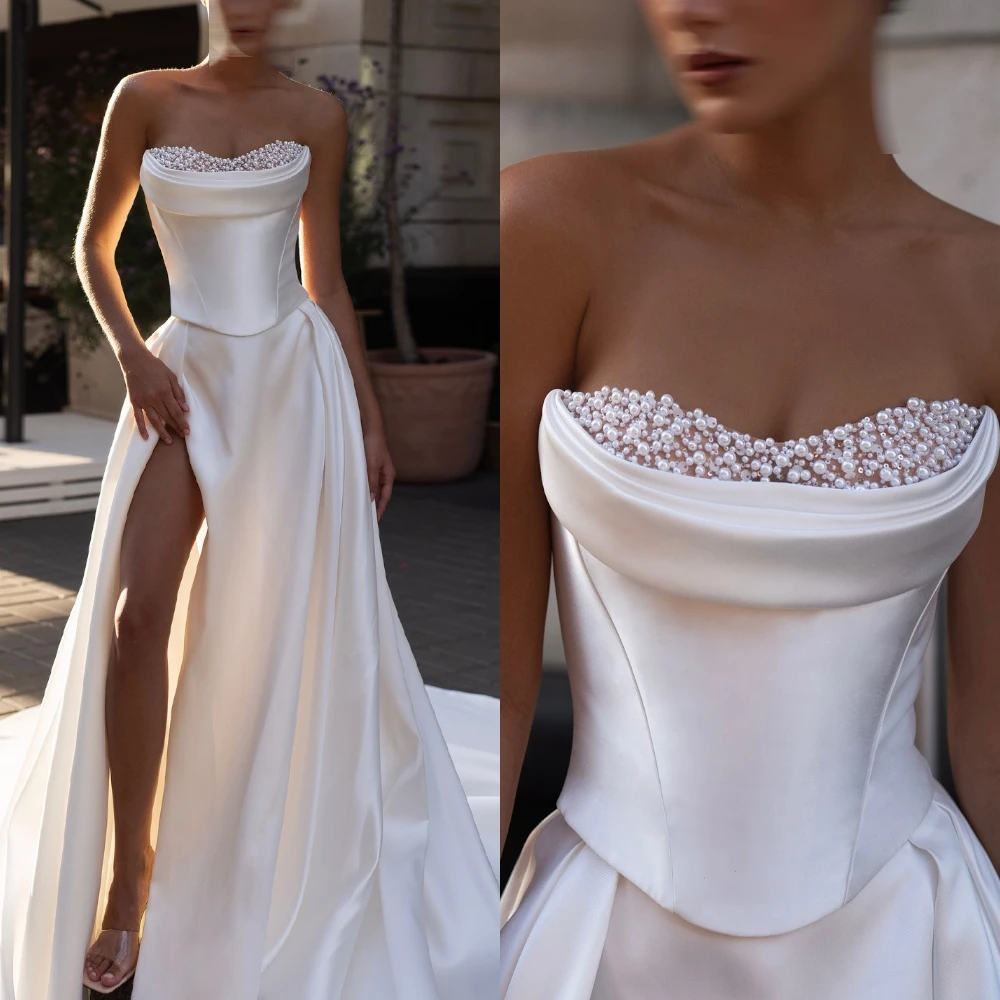Vestidos de novia de satén blanco puro personalizados, vestidos de novia románticos sin tirantes con perlas, corte en A, bata de novia con lentejuelas brillantes