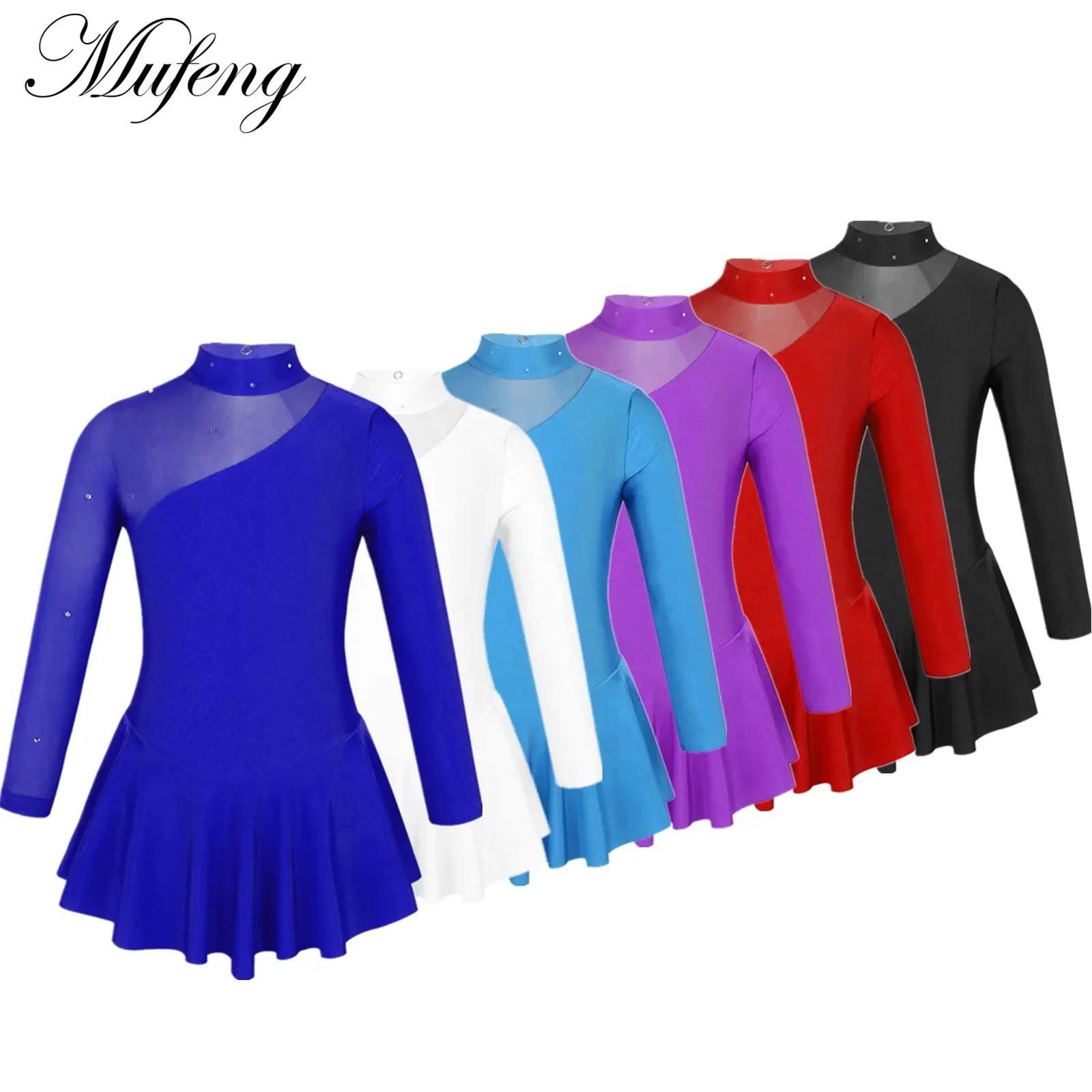 Figure Skating Dance Costume Mock Neck Ballerina Tutu Dance Dress Sparkling Rhinestone Long Sleeve Lyrical Dance Dress