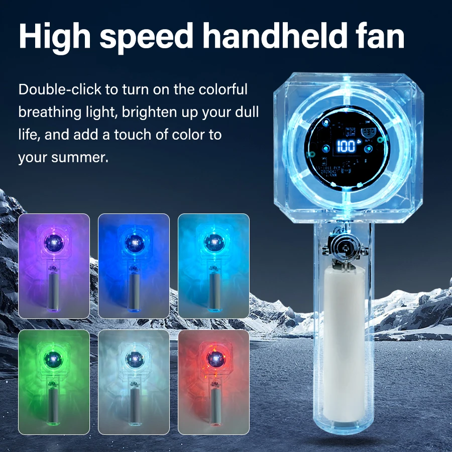 

Прозрачный портативный вентилятор со светодиодной подсветкой RGB Ручной мини-вентилятор охлаждения 1500 мАч 100-скоростной регулируемый перезаряжаемый цифровой дисплей