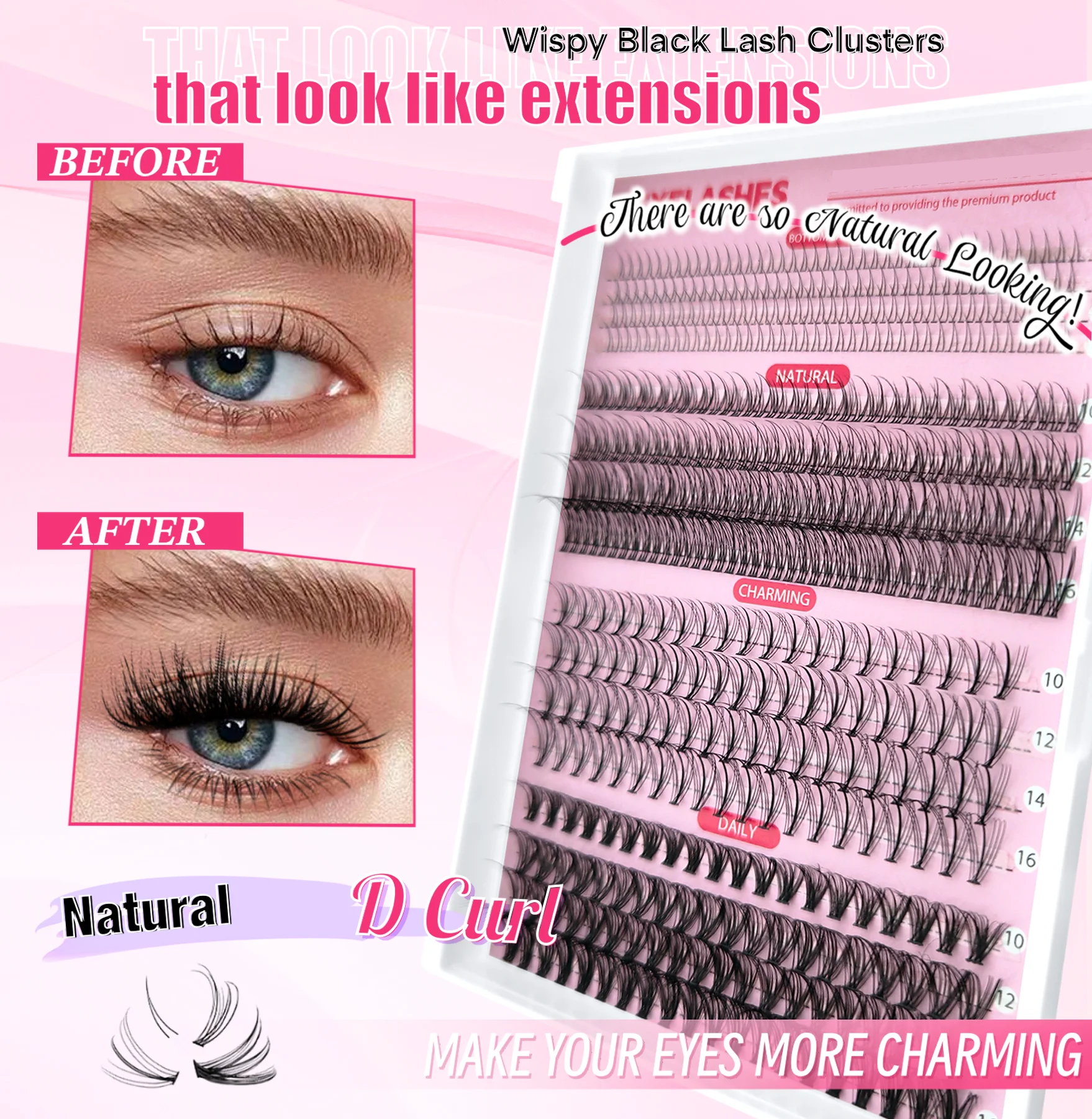 480Pcs Individual Lash Clusters Kit D Curl False Eyelashes Set with 3 Upper Lash Styles and 1 Lower Lash, Natural Wispy