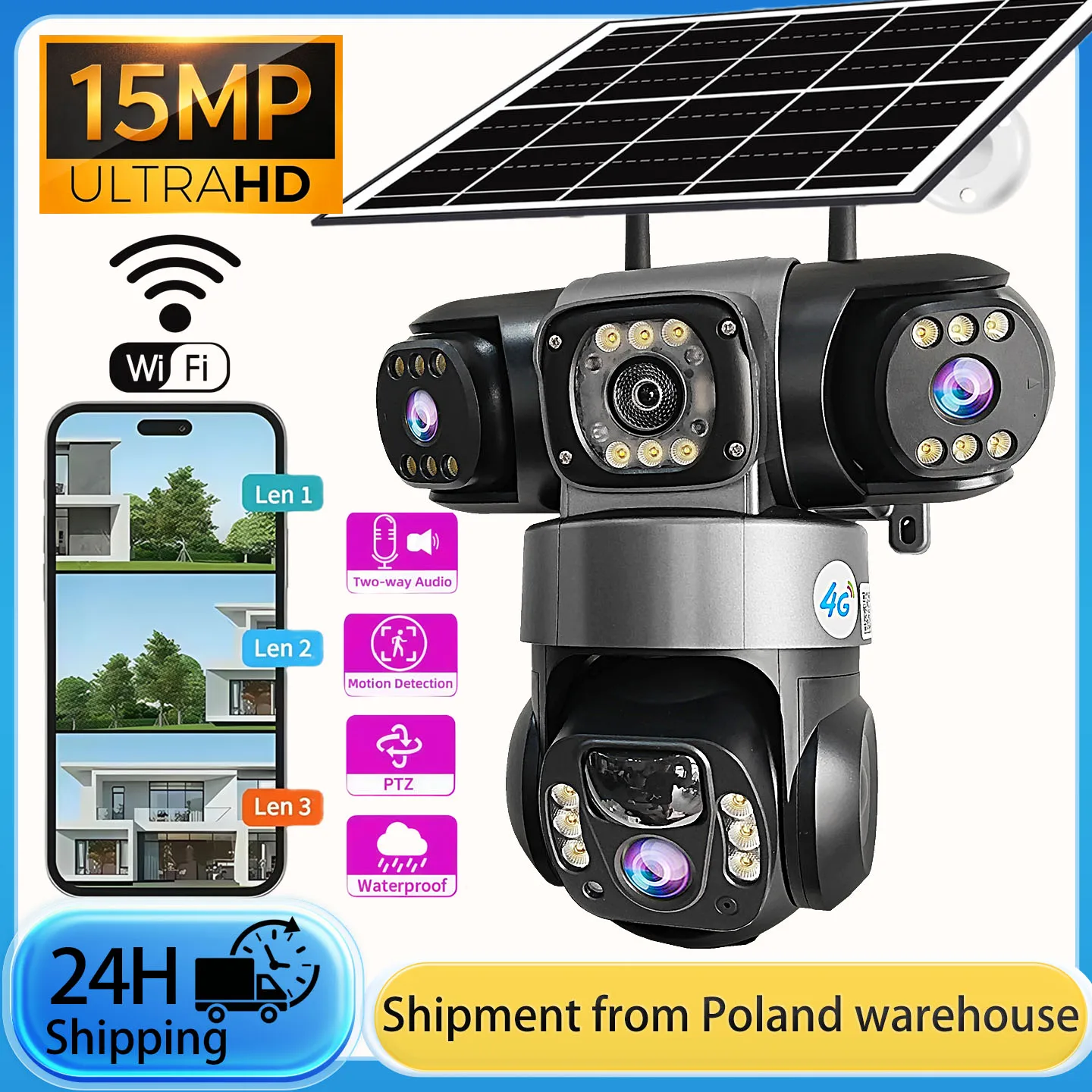 Caméra extérieure sans fil V380 Pro WiFi IP66 étanche, caméra de sécurité solaire WiFi à trois écrans pour la maison, surveillance sans fil sur batterie, prise en charge de la communication bidirectionnelle, connexion à l'application mobile, détection de mouvement, suivi humain par IA, détection humaine PIR