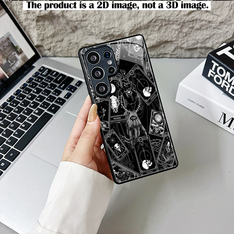 2D Printed Black Glass Phone Case, Dark Tarot Spread Pattern, Shockproof Cover for Samsung S & A Series