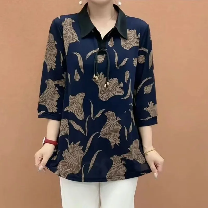 Elegant Middle-aged Women's Shirt And Tops Summer New Printed Casual 3/4 Sleeve Elastic Blouse Middle Aged Mother Blusas 5XL