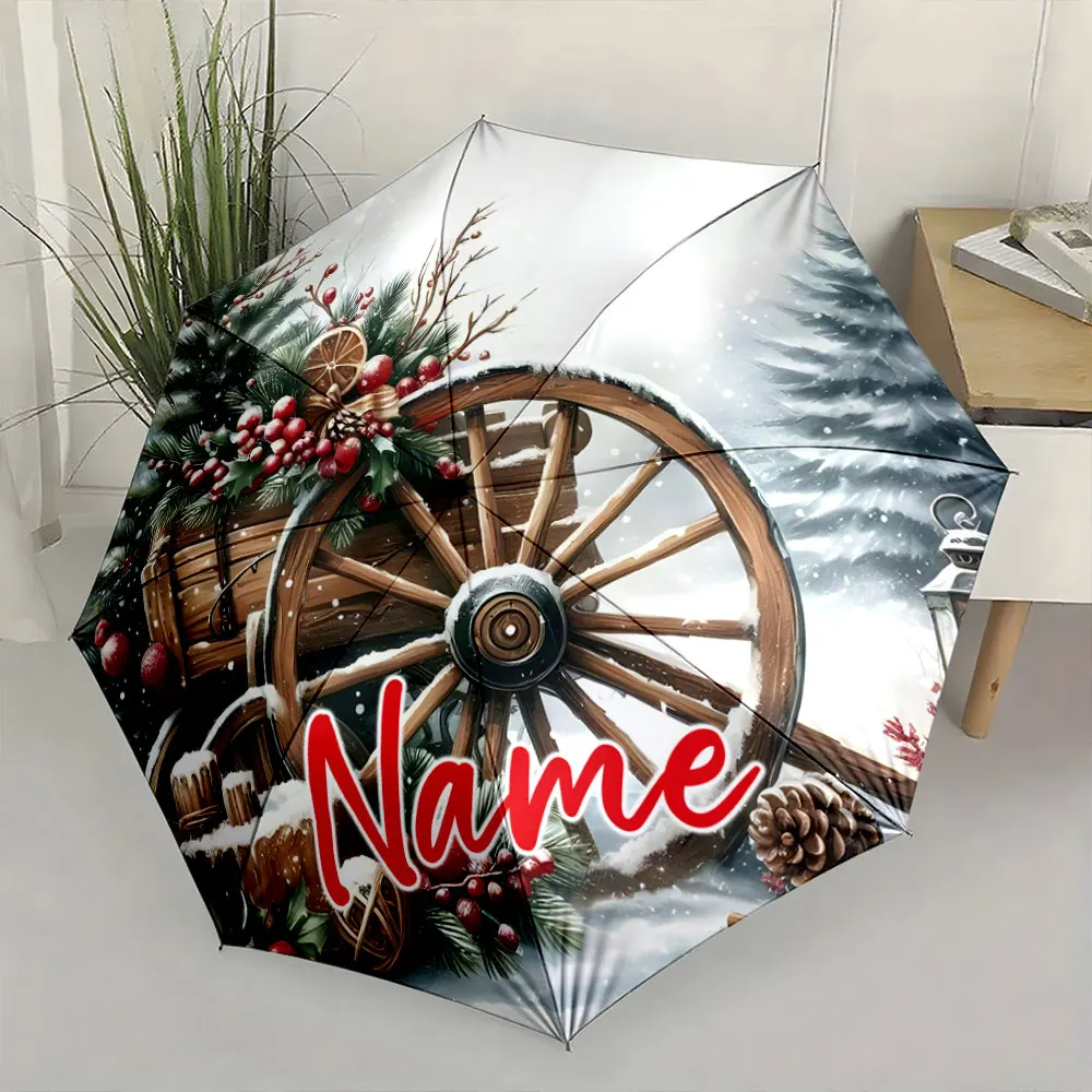Custom Name Winter Wagon Design Umbrella with Berries and Snowy Scenery 8 Iron Ribs Folding Umbrella Auto-Open Fashion Sunshade