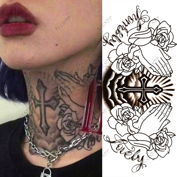 Waterproof Temporary Tattoo Sticker Flowers Big Pray Hands Cross Honely Lovely Letters Neck Flash Tatto Fake Tatoo for Women Men