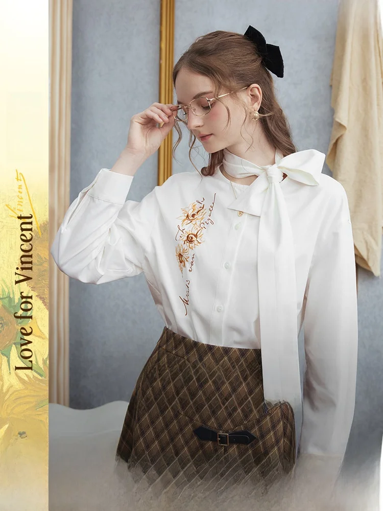 

Ele Embroidered Bow-Tie White irt for Women Artistic Sle Loose Fit Long Sve Breathable Comfortable Daily Wear