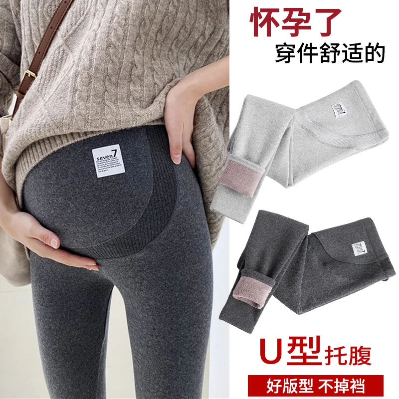 Autumn Winter Thick Plus Velvet Fleece Cotton Legging Maternity High Waist Support Pencil Pants for Pregnant Women Y2K Pregnancy