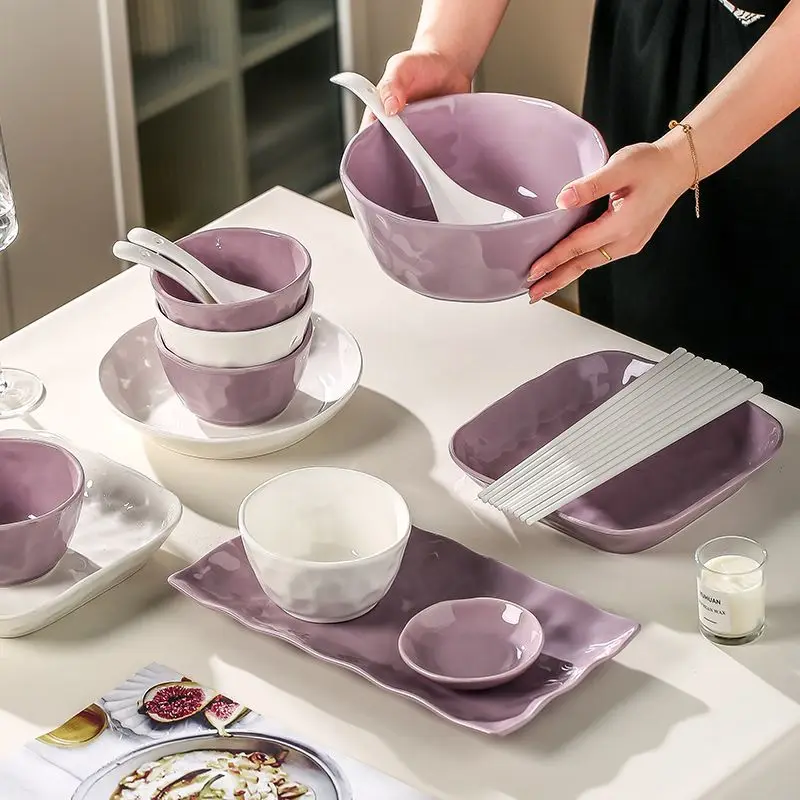 Purple milk white ceramic tableware set, high aesthetic French bowl and plate combination, a complete set