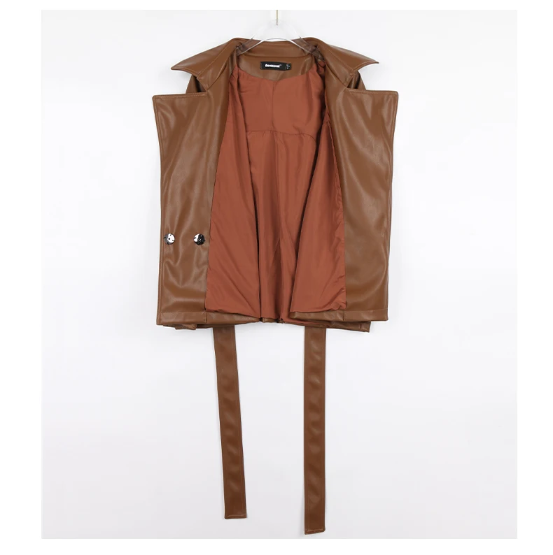 Nerazzurri Spring Autumn Short Brown Black Soft Light Faux Leather Jackets for Women Belt Lapel Casual Loose Korean Fashion 2022