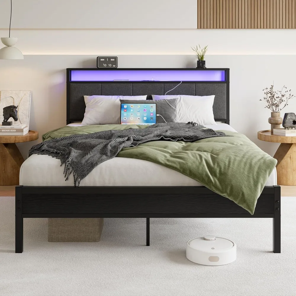 

Queen Bed Frame with Headboard Storage,Upholstered Platform Bed Frame Queen Size with Charging Station and LED Lights