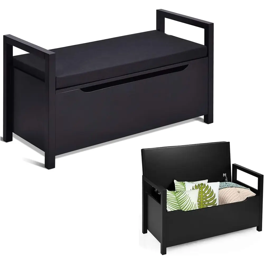 

Black Wooden Shoe Storage Bench with Cushion, 34.5L x 15.5W x 19.5H, for Entryway, Bedroom, or End of Bed