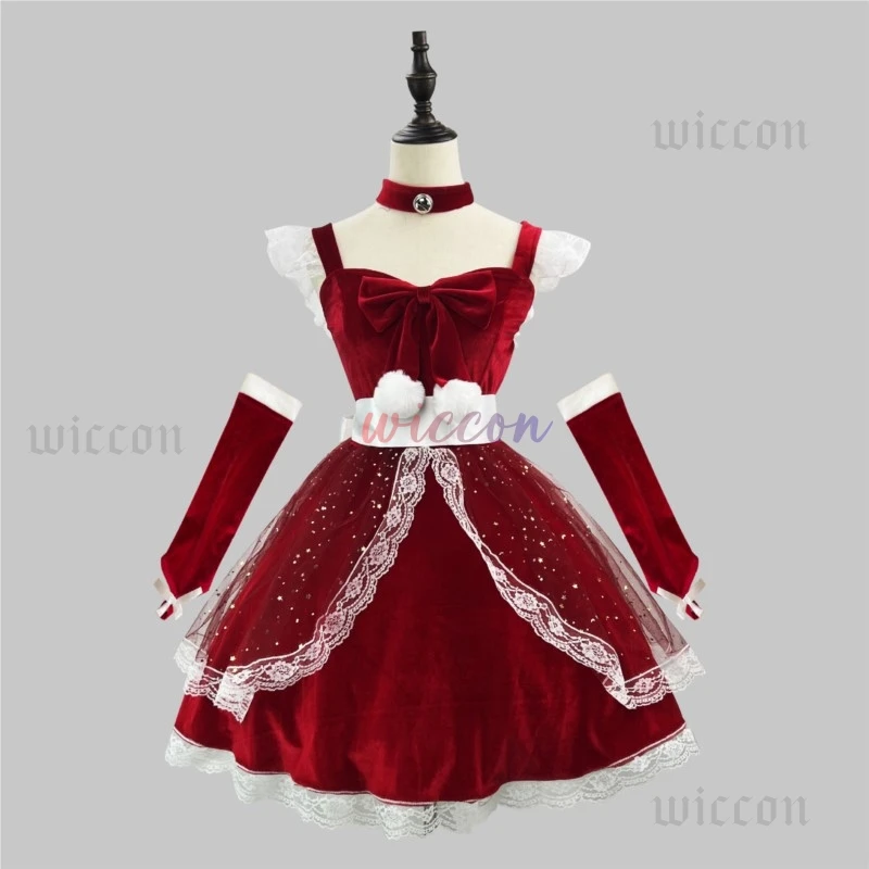 Christmas Santa Claus Costume Dress Sexy Lace Snowflake Halter BackBow Dress Uniform Warm Plush Outfits Costumes Cosplay