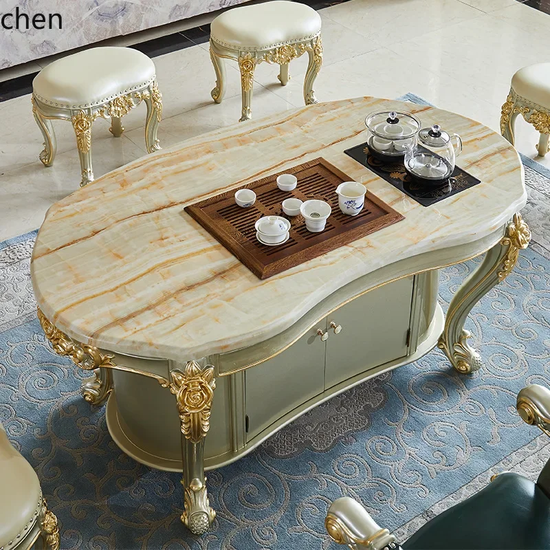 D12- Tea Table Solid Wood Carved Marble Tea Table Villa Clubhouse Kung Fu Tea Art Table for Home Use