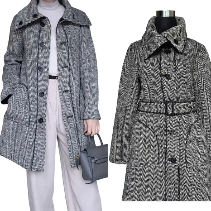 

Elegant Plaid Women Wool Overcoat With Pockets Ladies 1 Piece Single Breasted Long Coat Casual Winter Warm Customized