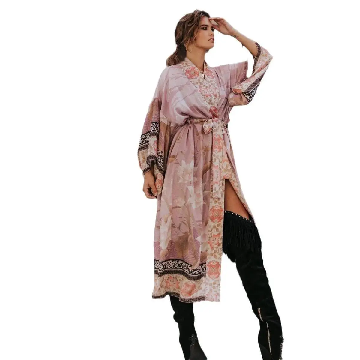 Mulheres praia outwear guindaste padrão algodão quimono férias praia cobrir sol proteção bikini robe para mulher