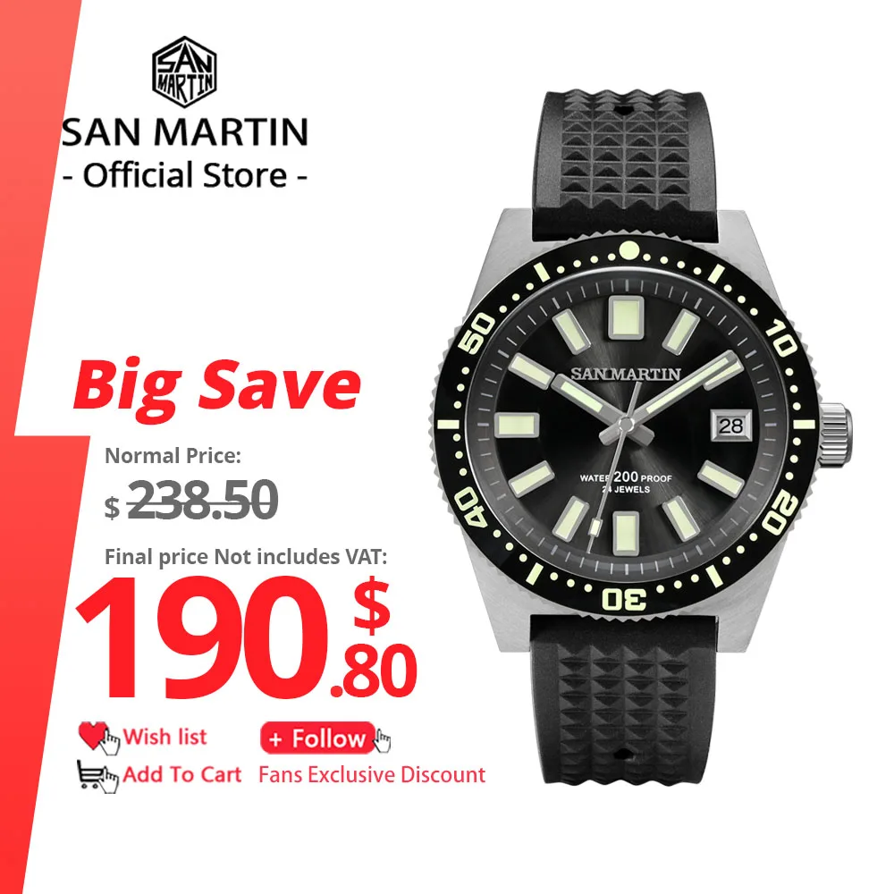 

San Martin V3 62mas Diver Watch 40mm NH35 Automatic Mechanical Watch For Men Full Luminous Waterproof 200m Rubber Strap SN0007