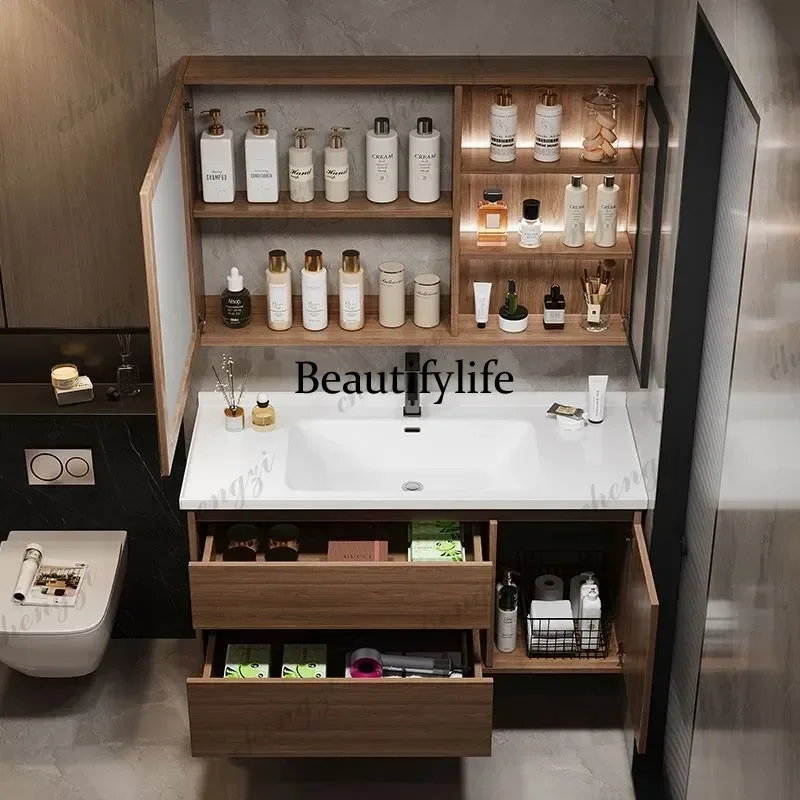 Washbasin cabinet combination, integrated combination of walnut-colored ceramics  a17