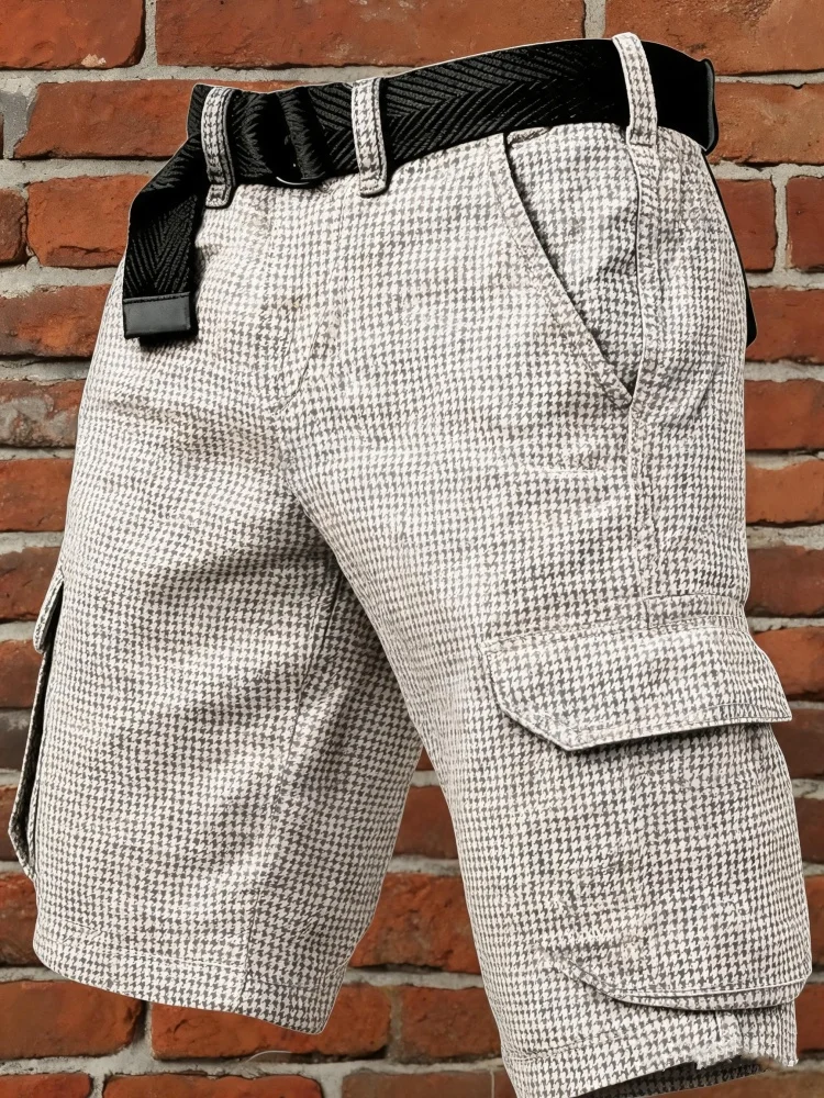 Mens Houndstooth Cargo Shorts Vintage Check Pattern Loose Fit Multi Pockets Elastic Waist Streetwear Shorts with Belt