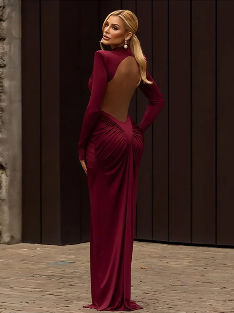 New Autumn Sexy Solid Long Sleeve Sheath Ruched Women Maxi Dress, Elegant Lady Bodycon Backless Dresses, Evening Party Vestidos