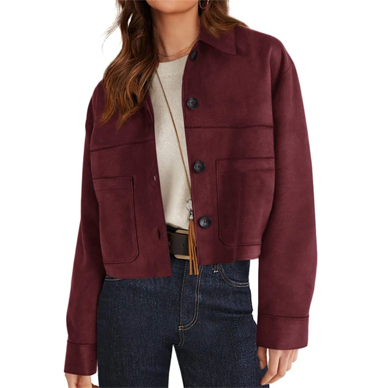 

Модная новинка 2026: Укороченная куртка из замшевого материала, повседневная, легкая, весенне-осенняя, женская, однобортная, в европейско-американском стиле, трендовая