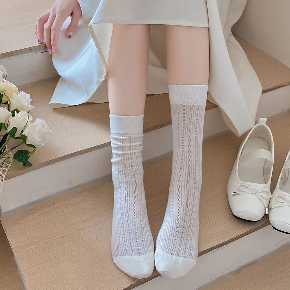 

1Pair Women Thin Hollow Out Long Loose Socks JK Lolita Sweet Girls Japanese Solid Color Breathable Cotton Spring Summer Stocking