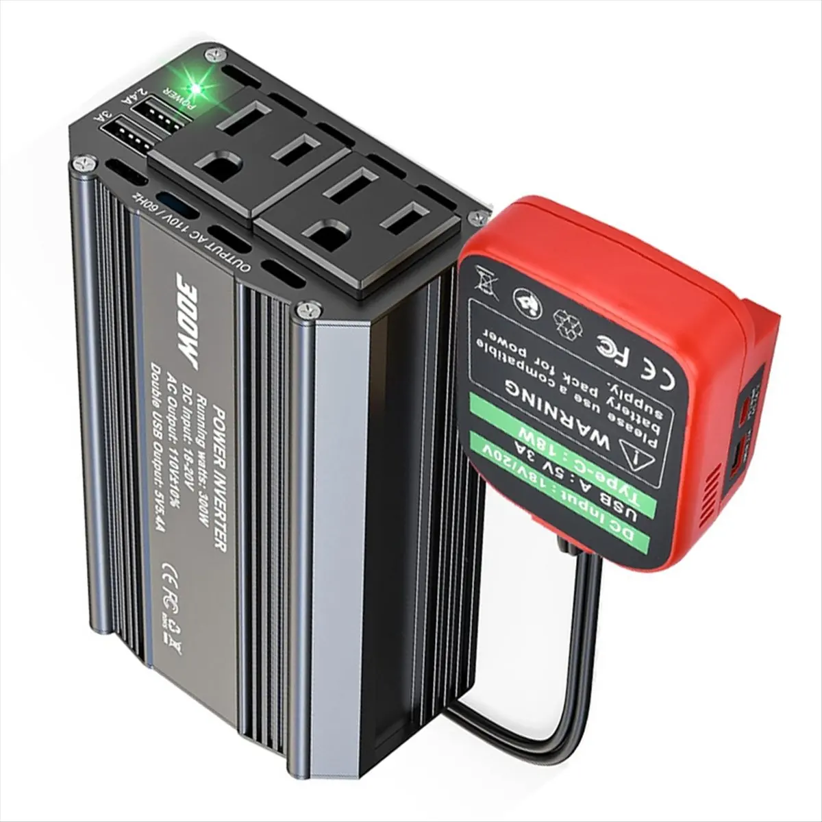T852C-300W Power Inverter 18V to 110V for Battery Inverter DC Charger Adapter with 2 AC Outlet & 2 USB Ports for Car HOT