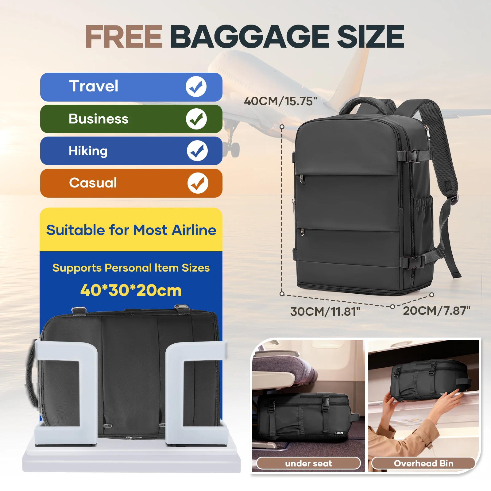 حقيبة ظهر Ryanair 40x30x20 للسفر لمسافات قصيرة حقيبة كمبيوتر محمول للأعمال WizAir حقيبة الأمتعة المقصورة، حقيبة ظهر ترفيهية للرجال والنساء
