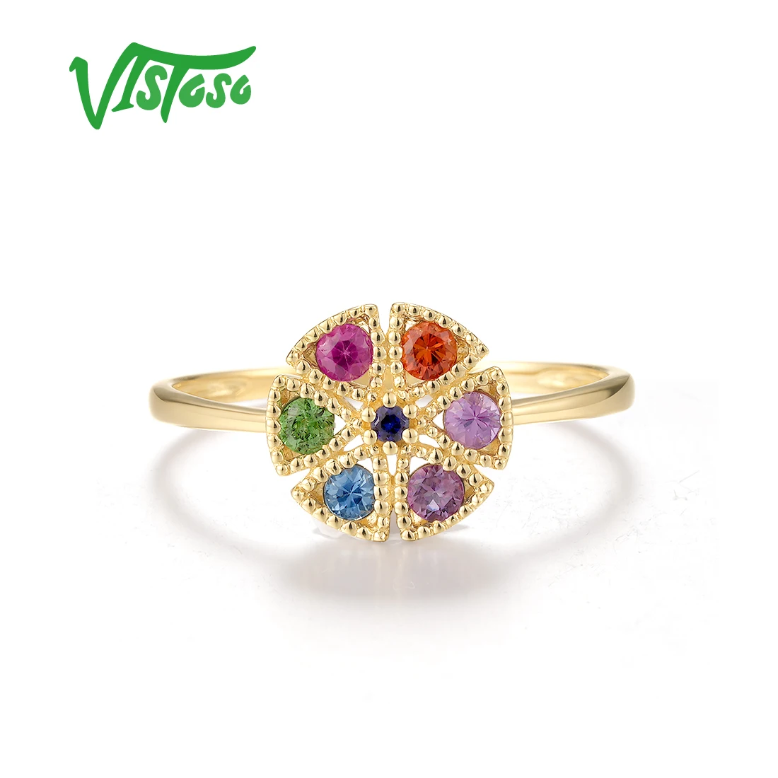 VISTOSO Authentic 14K 585 Yellow Gold Ring For Women Sparkling Mixed Color Ranbow Exquisite Wedding Anniversary Fine Jewelry Set