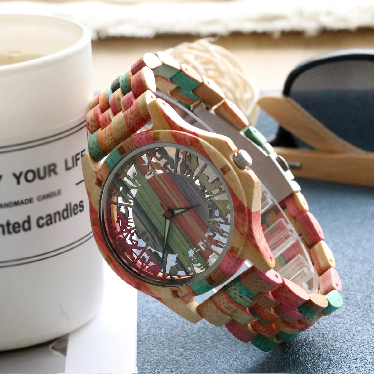 

Colorful Bamboo Men's Watch,12 Constellation Scale Hollow-Out Dial,Fashion Quartz Wristwatch,Men's Wooden Watch,Gift for Men