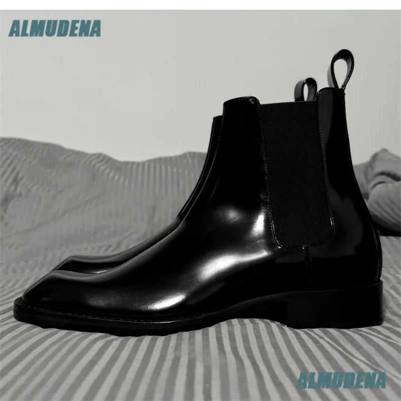 Men's Black Patent Leather Square Toe Chelsea Boots Elastic Side Slip On Thick Sole Ankle Boots Luxury Designer Men's Boots
