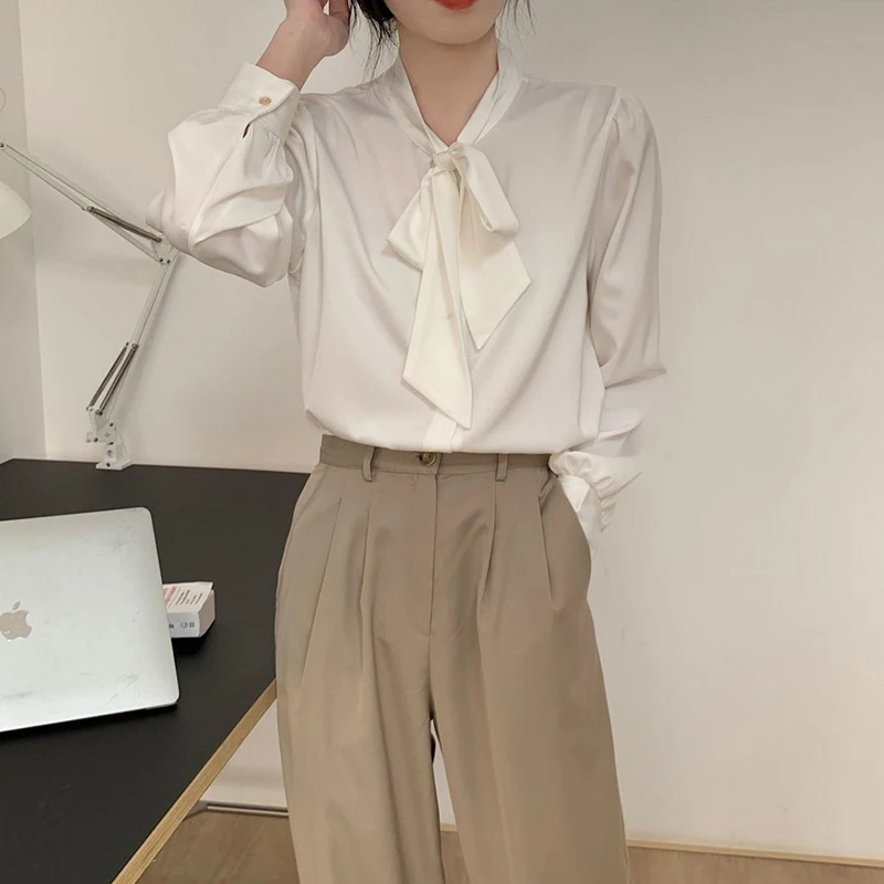 MEXZT Spring Solid Shirts Women Elegant Long Sleeve Bow Simple Chiffon Blouses Office Lady Korean Fashion Casual All Match Tops