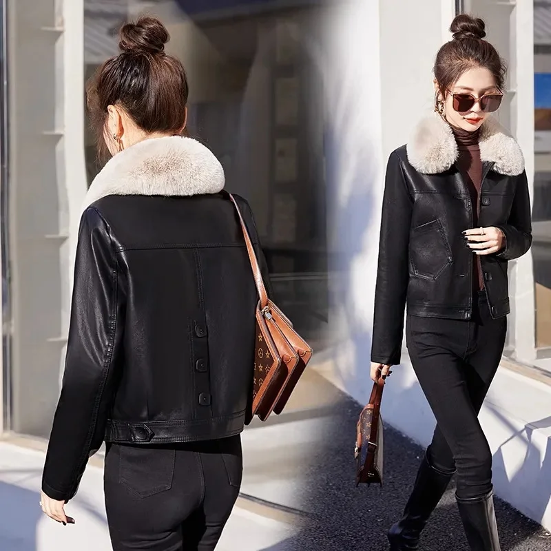 Quilted Leather Coat Women's 2024 Autumn Winter High-end Thick Short PU Leather Jacket Short Winter Fur Collar Down Cotton Jacke