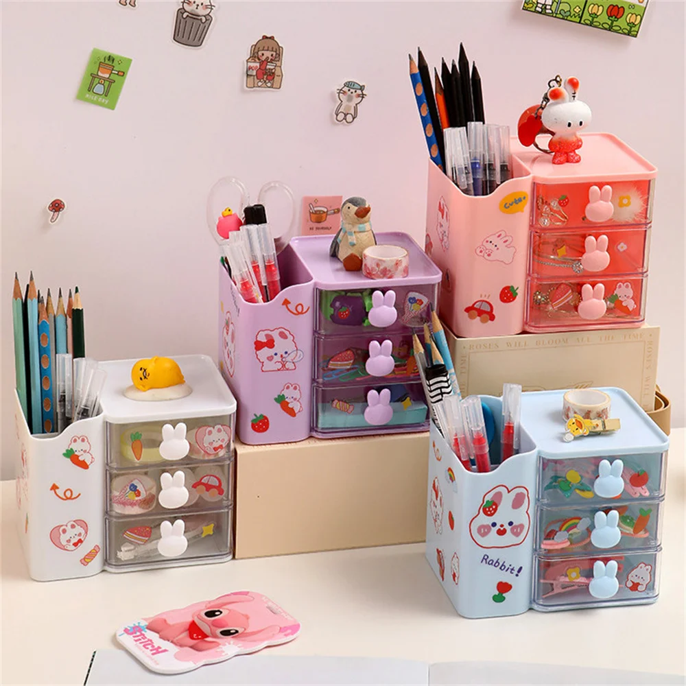 Cute Rabbit Desktop Organizer Drawers With Pencil Holder Multifunctional Student Desktop Stationery Organizer Box Storage Shelf