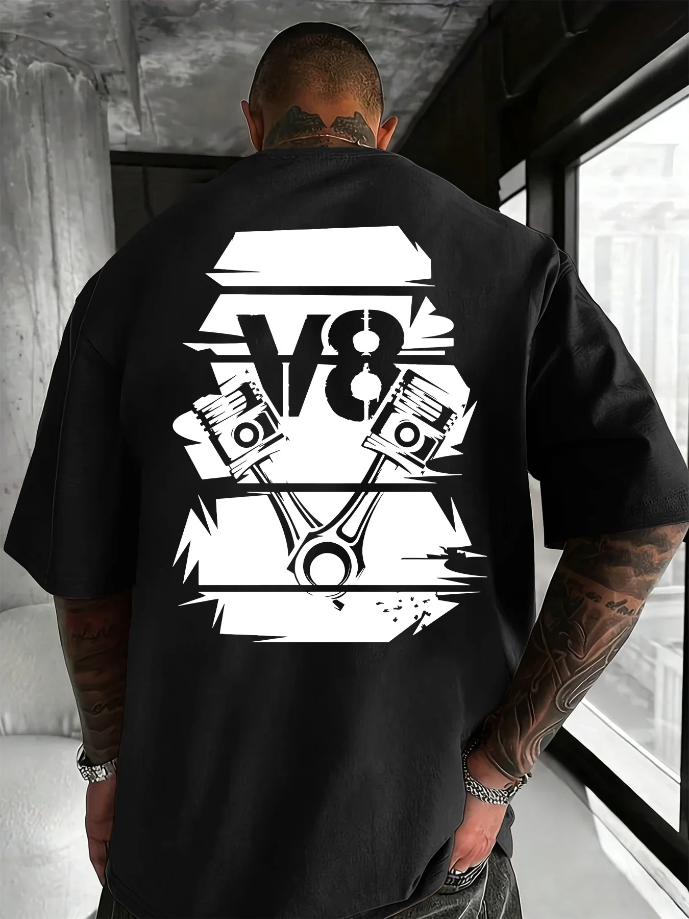 100% Cotton Men's T-shirt with a Retro V8 Engine Piston Print, Casual Short-sleeved Auto Mechanic Top