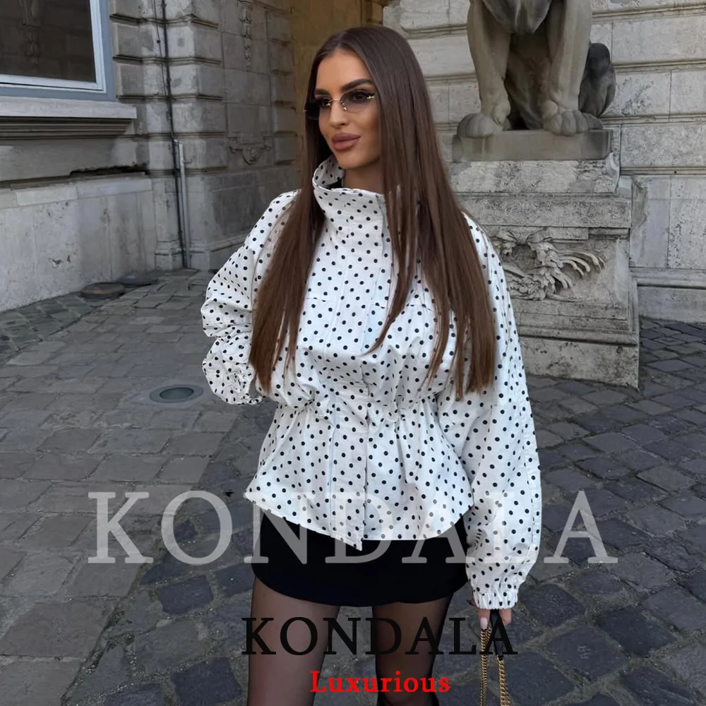 KONDALA Casual Chic Polka Dot Print Jackets Long Sleeve Pleated Slim Waist Outwears Fashion 2026 Spring Summer Y2K Girl Jackets