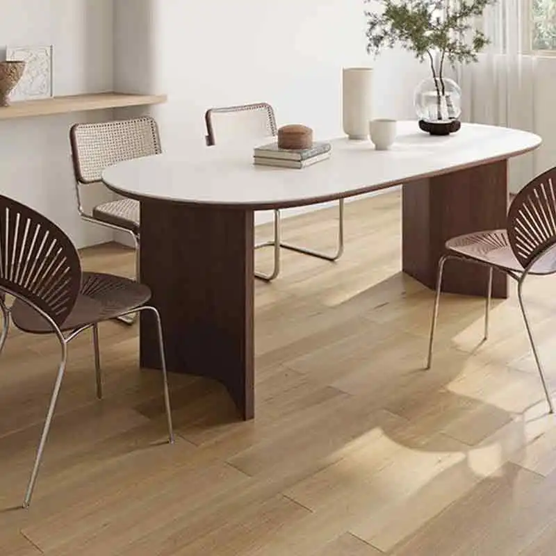 Originality Modern Design Rectangular Wooden Dining Table Modern Funky European Restaurant Rattan Muebles Trendy Furniture