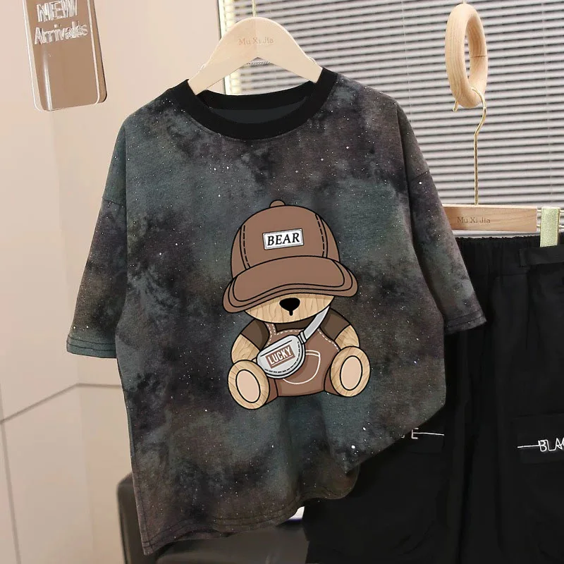 Boys Girls T-shirt 2026 Summer Boys Tie Dye Bear Print Short Sleeve T Shirt Loose Trendy Casual Tops For Older Kids