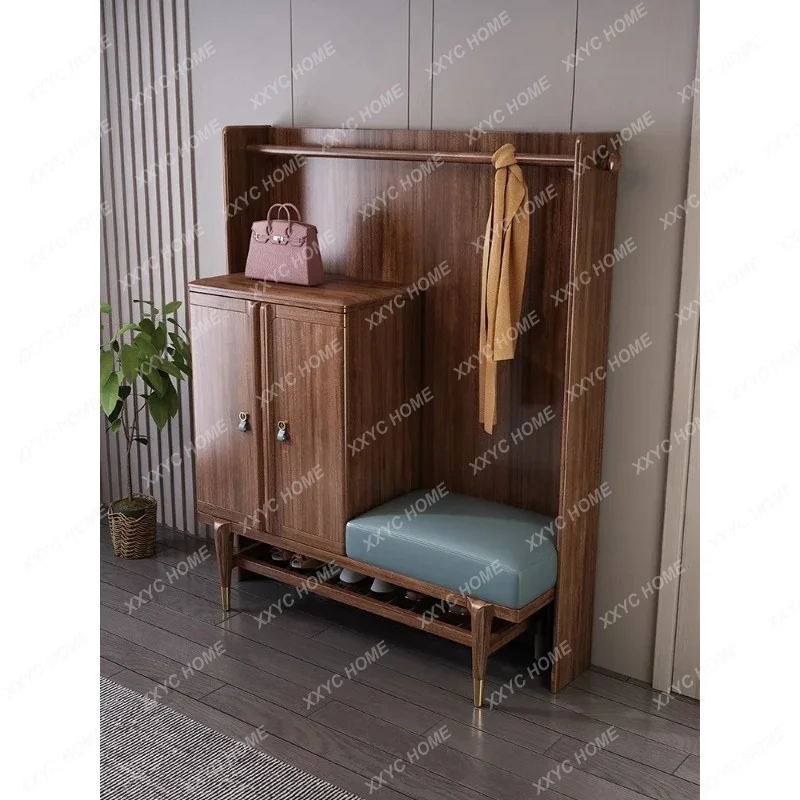 XX Multi-Functional Walnut Large Capacity Light Luxury Living Room Entrance Coat Rack Integrated Shoe Change Stool