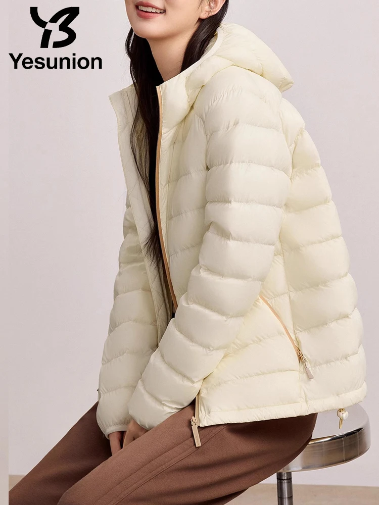 YESUNION Ultraleichte Daunenjacke für Damen, 90 % weiße Entendaunen, elegante, altersreduzierende, einfache, modische, warme Kapuzen-Pufferjacke, Unisex