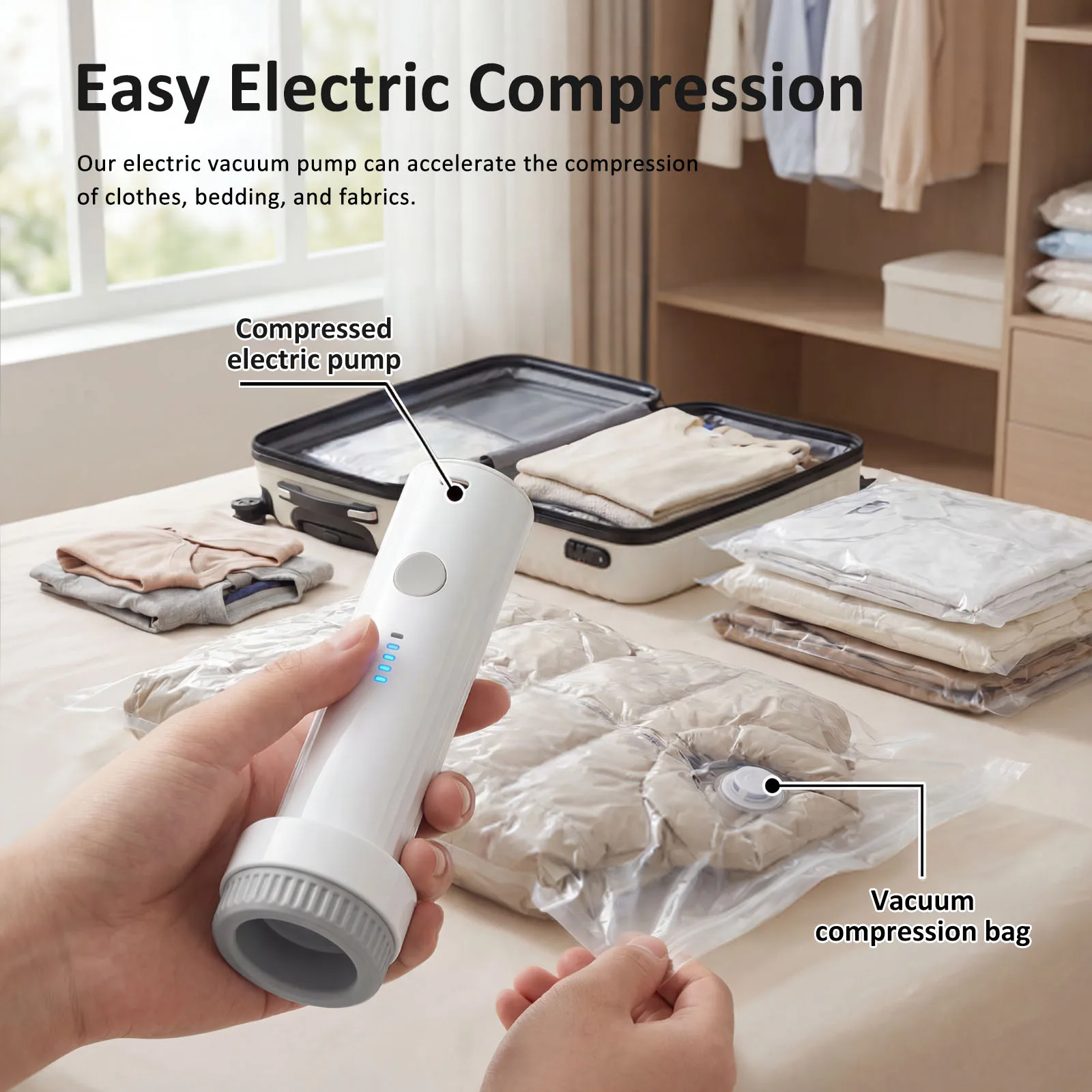 Electric Air Pump for Vacuum Seal Bag Travel Compression Packing Portable USB Rechargeable Space Saver for Clothing Organizer - view 2