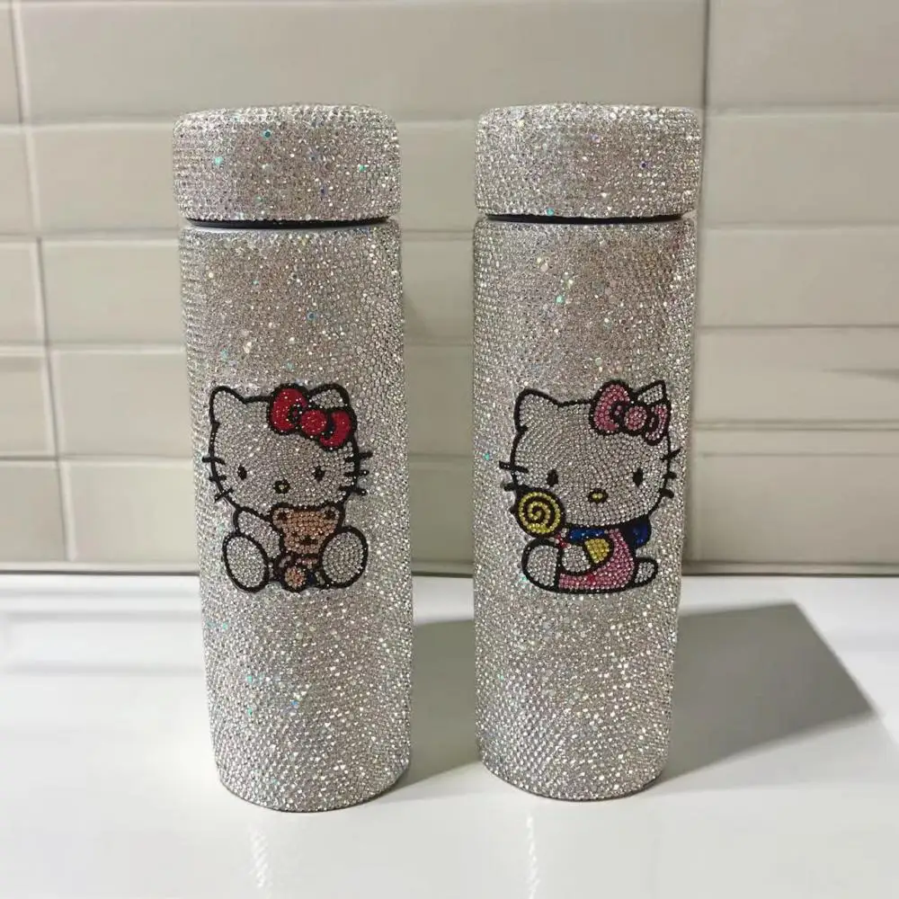 Kawaii Sanrio Hello Kitty Cartoon Diamond Set Water Cup 304 Cute Stainless Steel Straight Tube Insulated Cup Birthday Gift