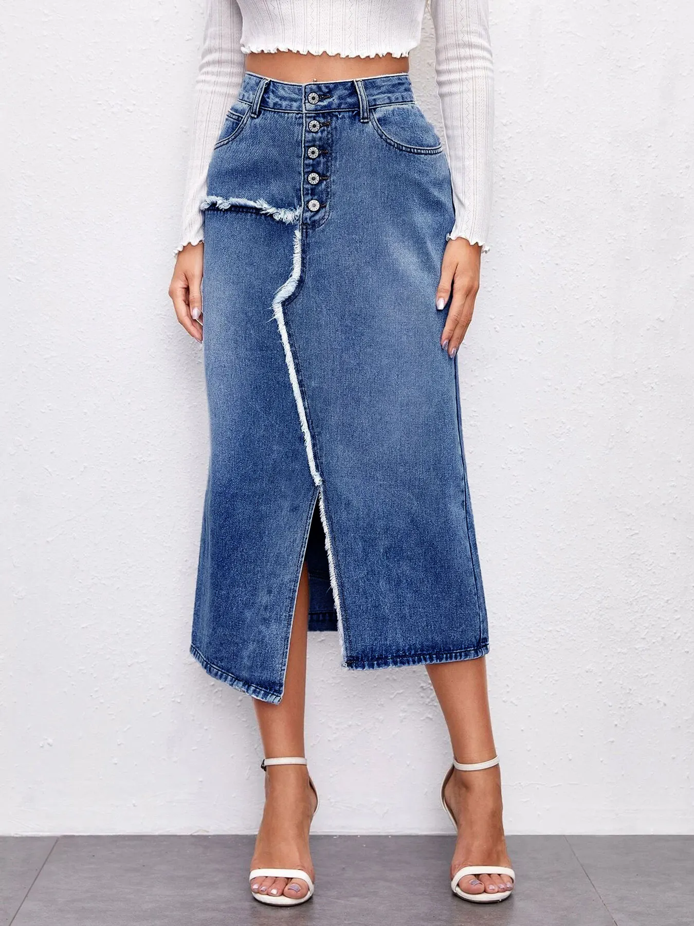CHICATWILL Vintage Frayed Irreguar Split Denim Skirt For Women Elegant Fashion Button-Fly High Waist A-Line Skirts Casual Bottom
