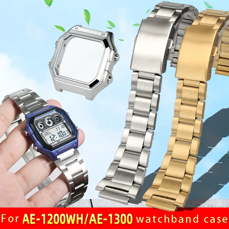 

Ремешок из нержавеющей стали и корпус для маленьких квадратных часов Casio 3299 AE-1200WH AE1200 AE1300 из нержавеющей стали с металлическим браслетом