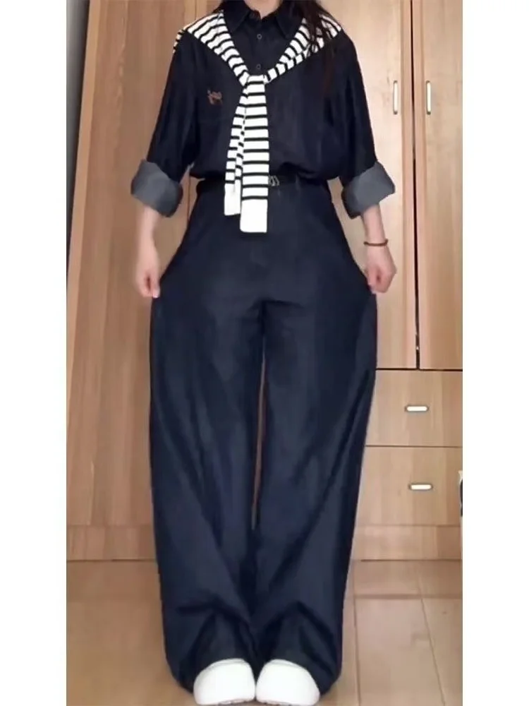 

Винтажный комплект Long Sve irt с вышивкой в стиле ретро, женская верхняя одежда ранней осени, повседневные джинсы со средней высокой талией