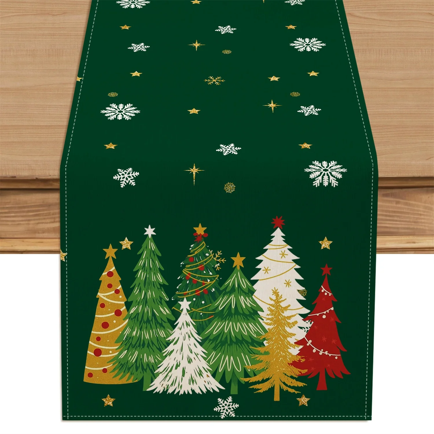 1pc Festive Christmas Table Runner with Golden Stars & Snowflakes - Green Polyester Holiday Decor for Indoor/Outdoor Dining