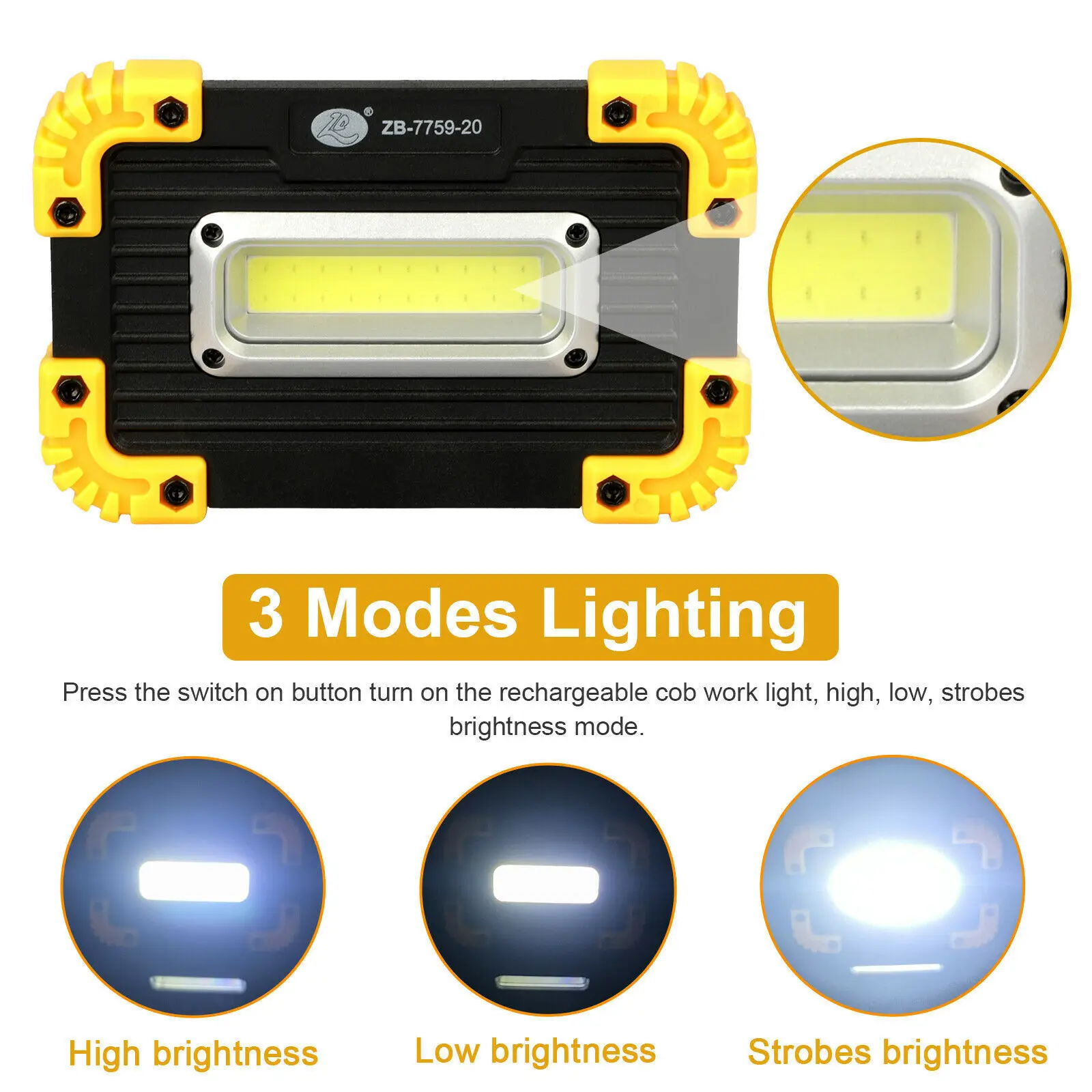 Mini projecteurs LED portables, lampe de travail LED super lumineuse, aste par USB, lampe de camping en plein air, 18650/3 x AAA, 2x